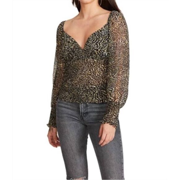 Steve Madden Animal Print Smocked Top Blouse Long Sleeve Gray Black Sz Small New - Picture 1 of 11